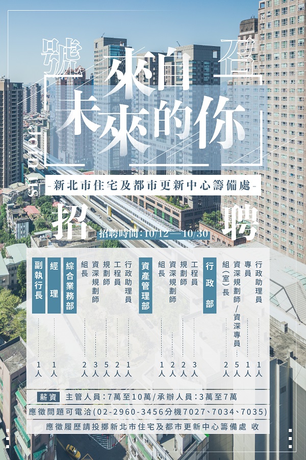 ▲明年即將成立的住都中心廣發英雄帖，預計招募32名菁英，薪資優渥，承辦人員3萬至7萬，主管人員最高月薪10萬。(圖/新北城鄉局提供)