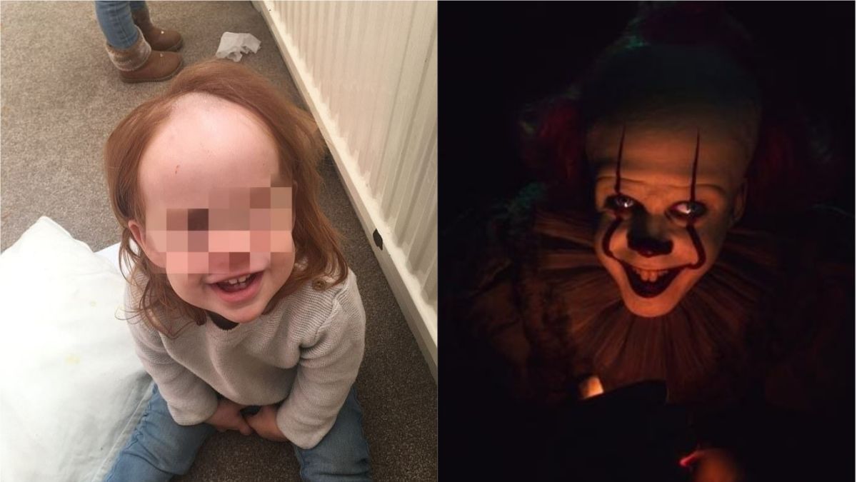 ▲英國1歲半的女童梅西跑到廁所玩耍，媽媽回家後一看到cosplay「潘尼懷斯」的模樣當場崩潰。（合成圖／左圖翻攝自Kirsty Saward臉書；右圖取自《NOWnews》資料畫面）