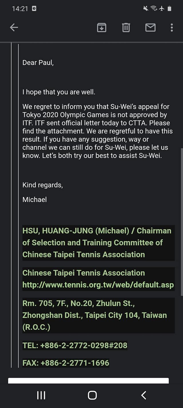 ▲我國網球一姊謝淑薇今(15)晚在臉書宣布壞消息，「東京奧運確認無法參賽」，並貼出國際網球總會(ITF)通知。（圖／取自Su-Wei