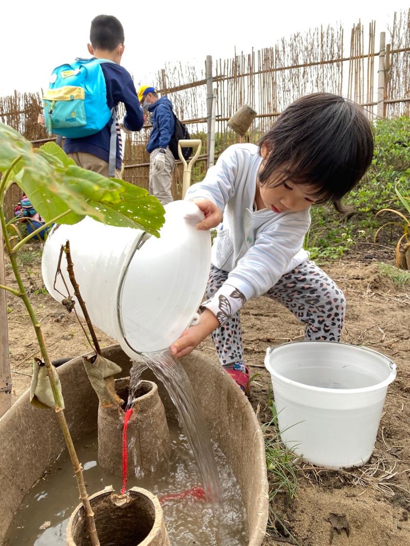 ▲這次參與種樹的中信銀行同仁及親友年齡最小僅3歲,小朋友小心翼翼地將水倒入有「樹苗保姆」之稱的「水寶盆」中。(圖/中信銀行提供)