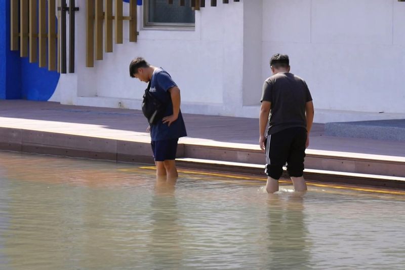 ▲民眾脫去鞋襪,赤足涉水體驗新湖漁港難得一見的淹水現象。(圖/記者蔡若喬攝)