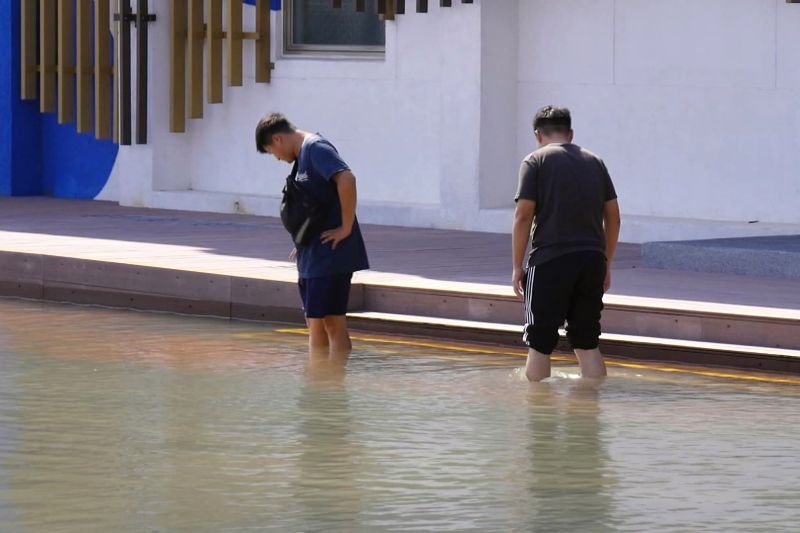 ▲民眾脫去鞋襪，赤足涉水體驗新湖漁港難得一見的淹水現象。(圖/記者蔡若喬攝)