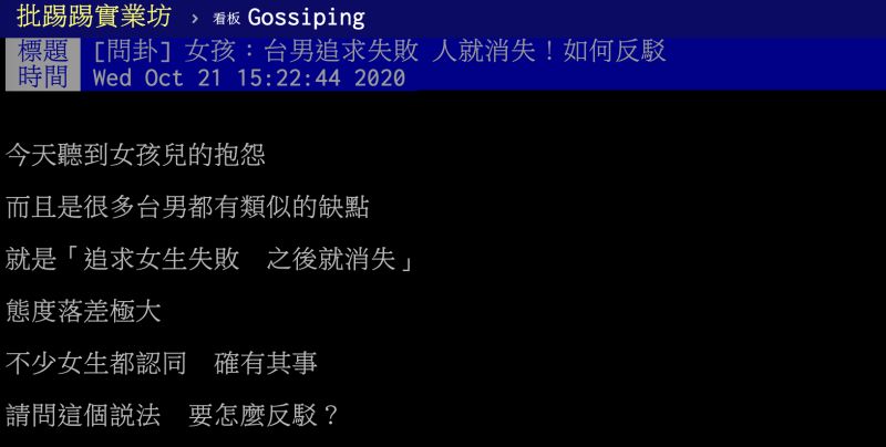 ▲原PO無意間聽見女性抱怨「台男追求失敗就消失」,發現許多台男似乎都有此一現象,話題立刻引發網友論戰。(圖/翻攝自PTT)