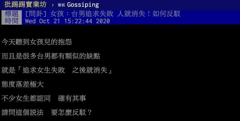 ▲原PO無意間聽見女性抱怨「台男追求失敗就消失」，發現許多台男似乎都有此一現象，話題立刻引發網友論戰。（圖／翻攝自PTT）