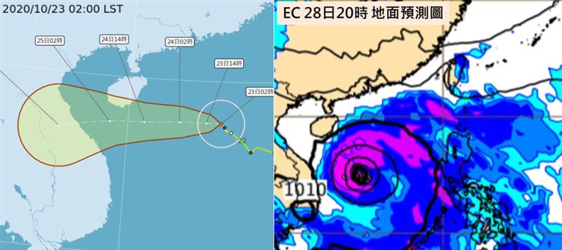 ▲下週三(28日)20時的模擬圖顯示，熱帶擾動在南海。（圖／翻攝自《三立準氣象‧老大洩天機》）