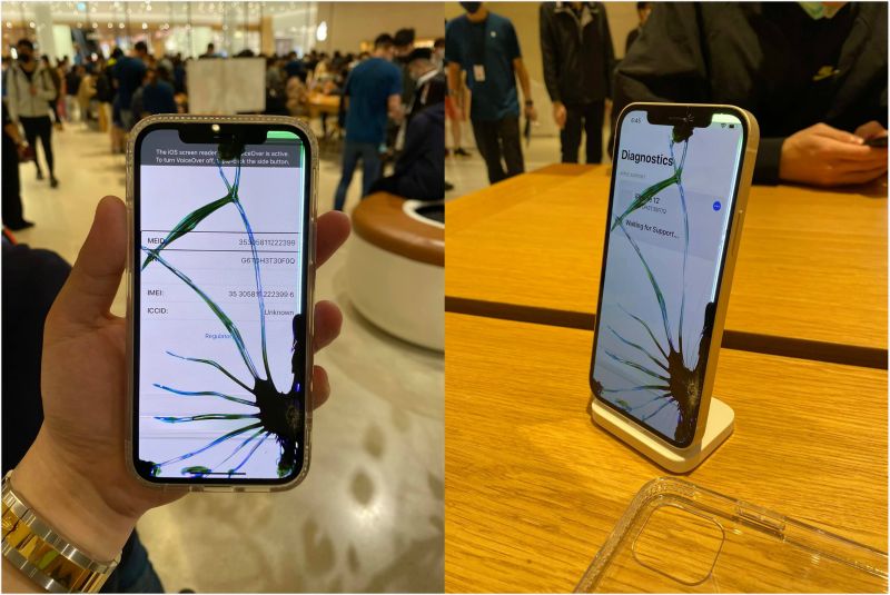 ▲新的iPhone 12螢幕從右下角呈蜘蛛網狀碎裂。（合成圖／翻攝自臉書《小豪-Siouhao》）