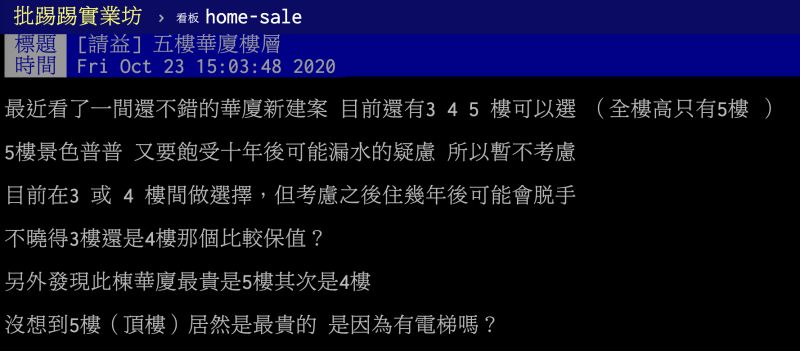 ▲原PO看上一間華廈新建案，猶豫該選擇哪一樓層，貼文曝光引發全場熱議。（圖／翻攝自PTT）