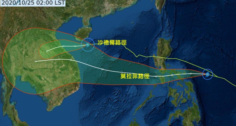 ▲「沙德爾」在海南島南方近海，偏西朝越南海前進；第18號颱風「莫拉菲」於今日2時形成，在菲律賓東方海面，向菲律賓中部前進，未來進入南海，其路徑明顯較「沙德爾」偏南。（圖／翻攝自《三立準氣象·