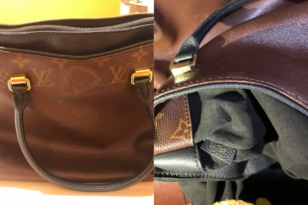 ▲網友拿濕毛巾一擦，8萬8的名牌包包直接發生悲劇，花紋通通不見（圖／翻攝自《爆料公社公開版》 ） 