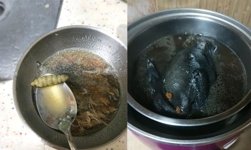 ▲有名女網友在全臉購買烏骨雞湯,煮完後用湯匙一舀,發現疑似「蟲蛹」的東西,網友一看直呼「這可以吃,很正常」。(圖/翻攝自《我愛全聯-好物老實說》)