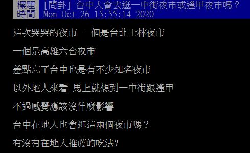 ▲有網友在PTT提問「台中人會去逛一中街夜市或逢甲夜市嗎？」掀起討論。（圖／翻攝自PTT）