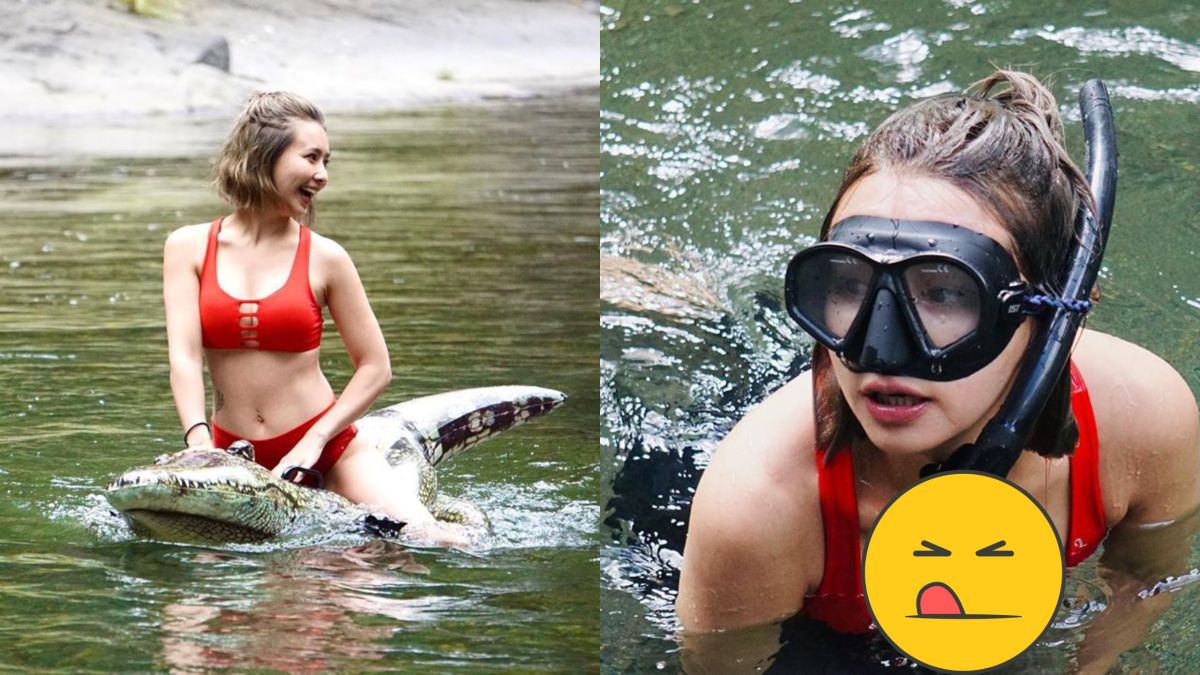 ▲吳婉君穿開洞泳裝騎鱷魚，一下水「渾圓曲線」大方見客。（圖／ 吳婉君IG） 