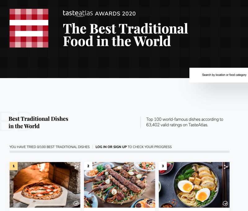 ▲克羅埃西亞網站「美食地圖」（tasteatlas）公開全球100大傳統美食排行榜。（圖／翻攝自《tasteatlas》）