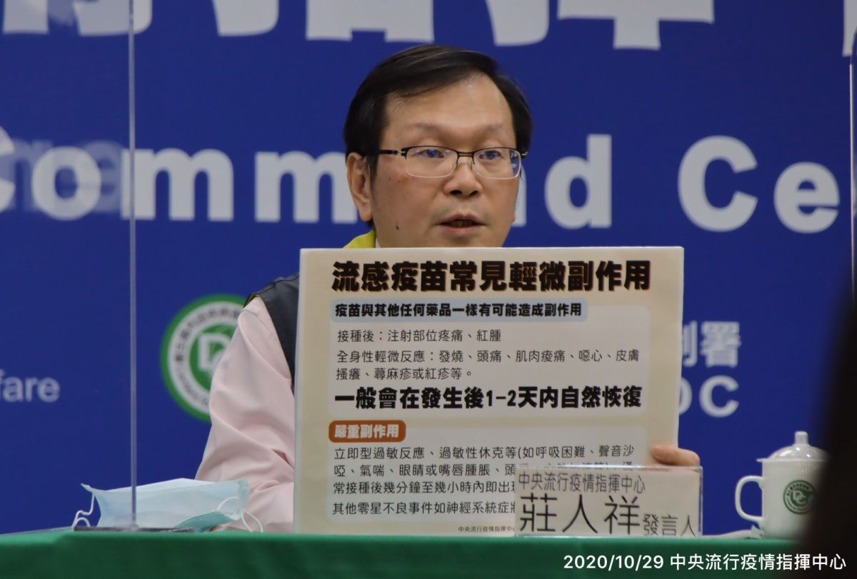 ▲指揮中心發言人莊人祥今（20）日表示，流感疫苗副作用的微反應，在發生後1至2天內自然恢復。（圖／指揮中心提供）