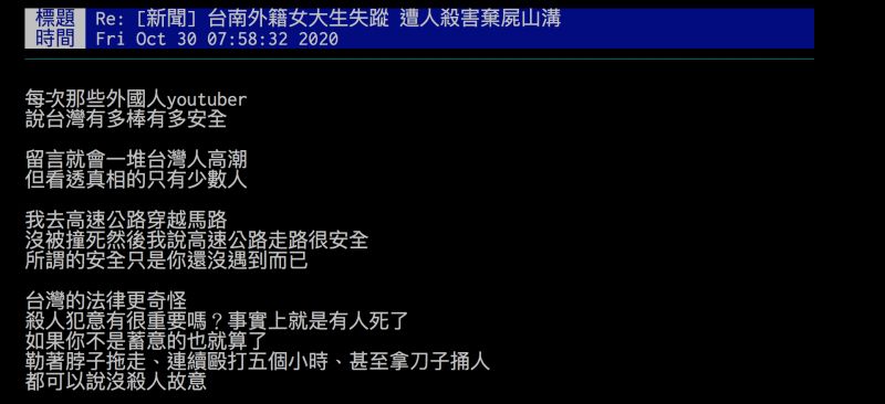 ▲台南驚傳隨機殺人，網友認為「所謂的台灣安全只是你還沒遇到而已」，引發熱議。（圖／翻攝自批踢踢）