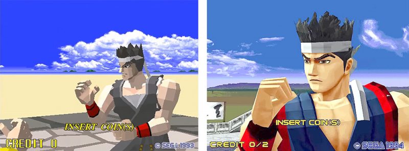 ▲1993年SEGA推出使用MODEL 1基板開發的世界第一全3D格鬥遊戲VR快打與次年的VR快打2對照。