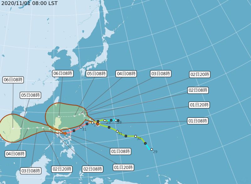 ▲目前輕度颱風閃電,正以每小時29公里速度,向西北西進行。(圖/翻攝氣象局)