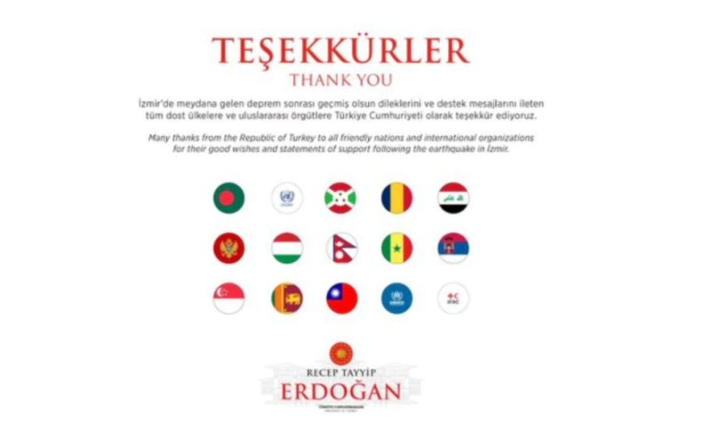▲土耳其總統艾爾段（Recep Tayyip Erdogan）在推特貼圖感謝國際援助，並將我國旗與其他國家國旗並列，但該貼圖在中國施壓下我國國旗已被「下架」。   （圖／翻攝自推特）