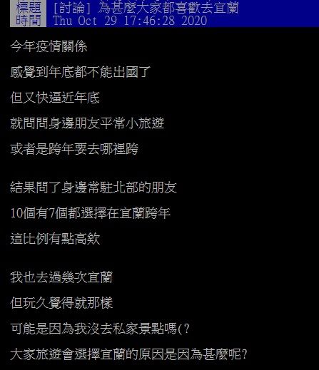 ▲一名網友在PTT透露，問了北部的朋友跨年要去哪，10個有7個都選擇在宜蘭，他並好奇提問「大家旅遊會選擇宜蘭的原因是因為什麼呢？」掀起討論。（圖／翻攝自PTT）