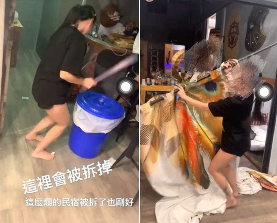 ▲罔紅「罔腰」與其友人在綠島民宿內狂歡搞破壞,還嗆「拆了剛好」,引發熱議。(圖/翻攝爆料公社)