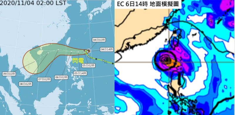 ▲最新歐洲中期預報中心（ECMWF）模式，模擬周五（6日）14時地面圖顯示，降雨主要在迎風面的東半部及屏東，花東及恆春半島有較大雨勢；背風面的西半部影響小，唯北部偶有零星短暫降雨。（圖／翻攝自《三立準氣象·