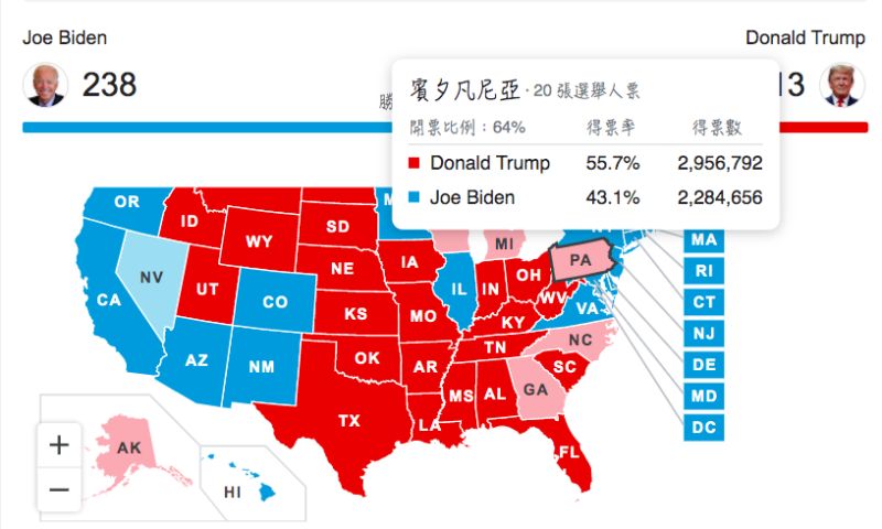 ▲網友公認若拜登未能拿下家鄉賓州勝利,基本上毫無勝率。(圖/翻攝Google)
