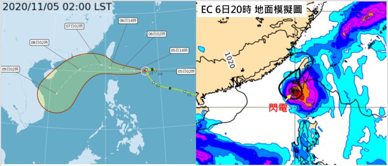 ▲第20號颱風「閃電」，今（5）日向西進行，明日颱風中心通過恆春半島南方海面，降雨主要在迎風面的東半部及高屏地區，恆春半島與台東風雨皆大，花蓮亦有較大降雨的機率。（圖／翻攝自《三立準氣象·