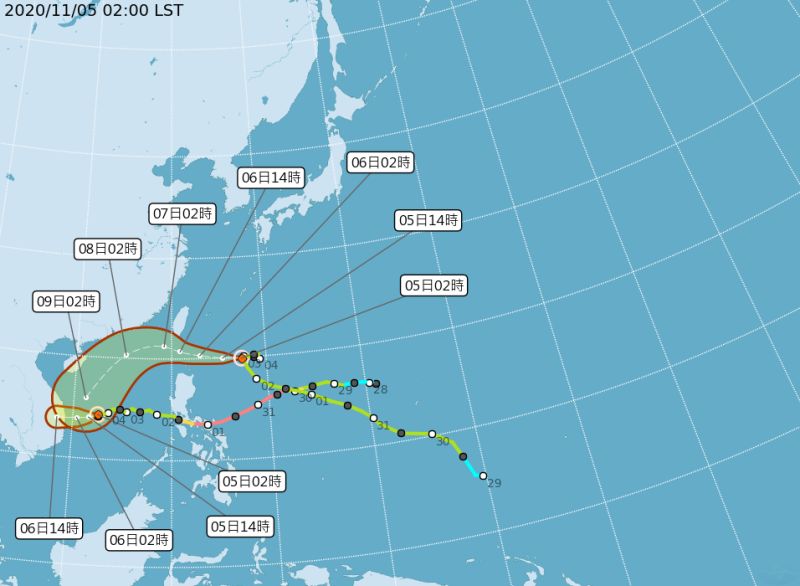 ▲輕度颱風「閃電」今晨2時中心位置在鵝鑾鼻東南東方730公里之海面上,氣象局於8點半發布海警。(圖/氣象局)