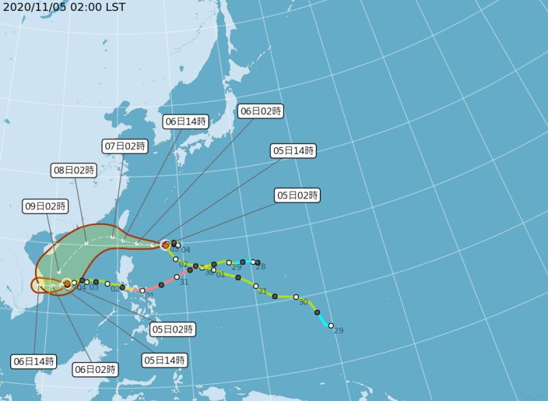 ▲輕度颱風「閃電」今晨2時中心位置在鵝鑾鼻東南東方730公里之海面上，氣象局於8點半發布海警。（圖／氣象局）