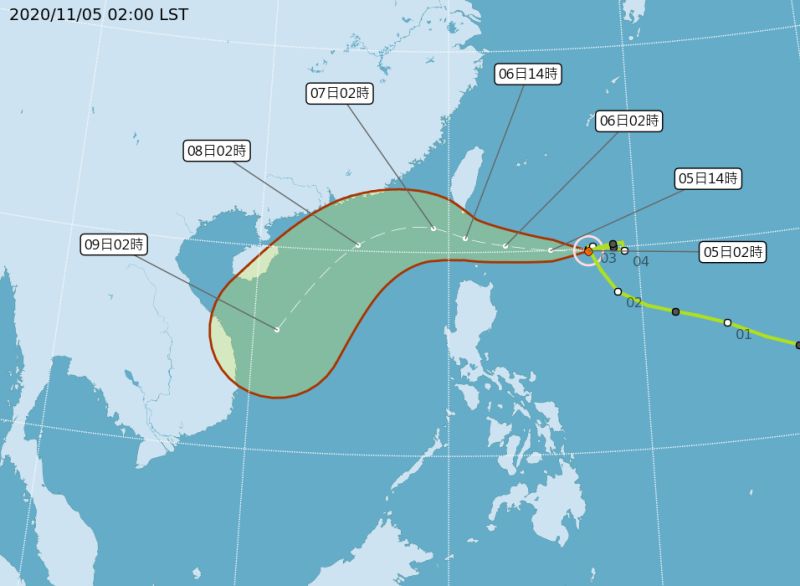 ▲氣象局預估閃電颱風路徑有偏北趨勢，將不排除將會發布陸上颱風警報。（圖／氣象局）