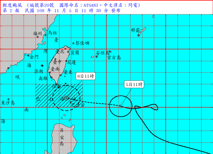 ▲輕度颱風「閃電」過去 3 小時強度略為增強且暴風圈亦稍擴大，氣象局最快今（ 5 ）日傍晚發布陸上颱風警報。（圖／氣象局）