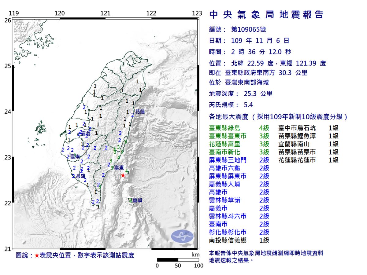 ▲今（6）日凌晨2時36分，台東外海發生規模5.4有感地震。（圖／氣象局）