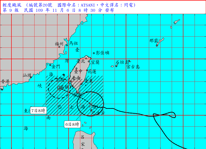 ▲6日9時的「閃電」中心位置在北緯21.0度，東經121.7度，即在鵝鑾鼻的東南方約130公里之處前進方向。（圖／氣象局）
