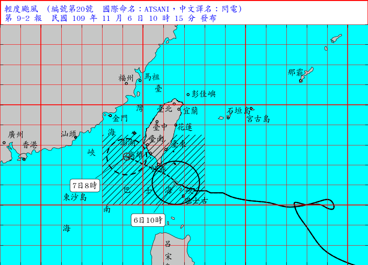 ▲輕度颱風「閃電」今（ 6 ）日 10時 的中心位置在鵝鑾鼻的東南方約 120 公里之處，其暴風圈逐漸接觸恆春半島陸地。（圖／氣象局）