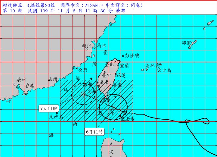 ▲輕度颱風「閃電」暴風圈正逐漸進入恆春半島，對台東（含蘭嶼、綠島）、屏東、恆春半島、高雄及台南構成威脅。（圖／氣象局）