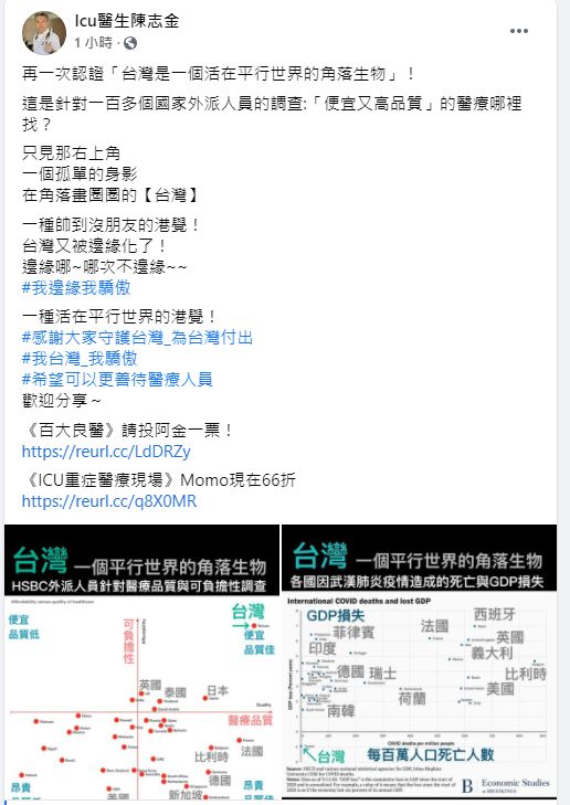 ▲急診醫師陳志金忍不住狂讚，「台灣帥到沒朋友」。（圖／翻攝Icu醫生陳志金臉書）