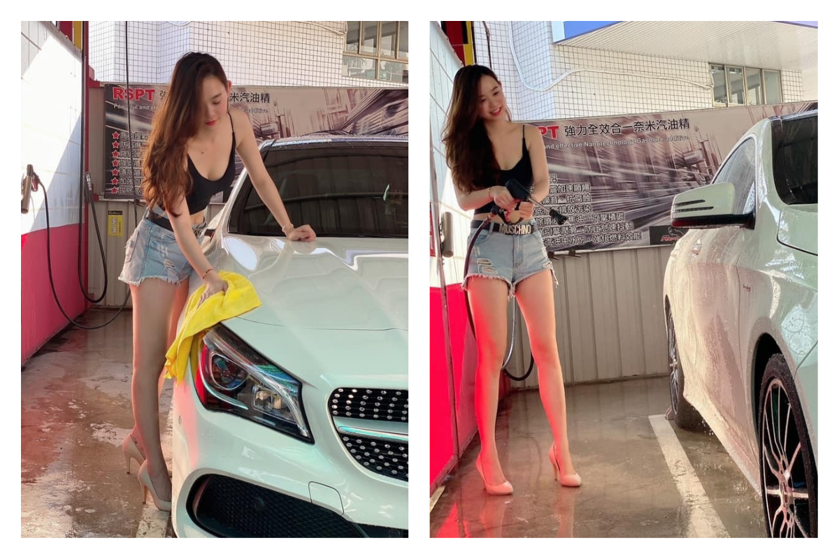▲網友自助洗車遇見熱褲高跟鞋正妹。（圖／翻攝自《爆廢公社二館》臉書）