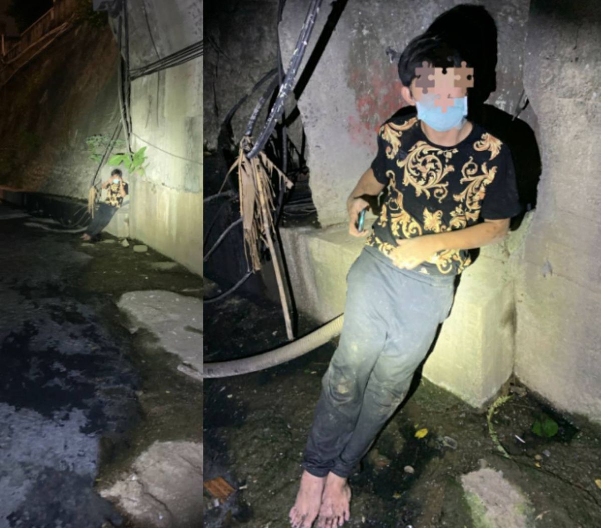 ▲情急跳下大排之後的鄭男，無法逃脫最後只好請朋友報警求援。（圖／記者李春台翻攝）