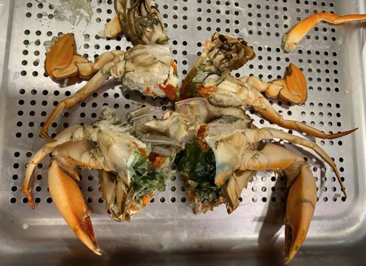 ▲原PO買了螃蟹回家，一剖開卻見整坨詭異綠色蟹膏，貼文立刻引發全場熱議。（圖／翻攝自臉書《Costco好市多商品經驗老實說》）