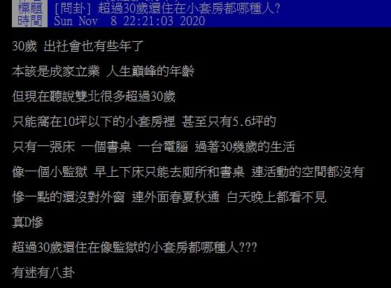 ▲一名網友在PTT詢問大家「超過30歲還住在小套房都哪種人？」掀起討論。（圖／翻攝自PTT）