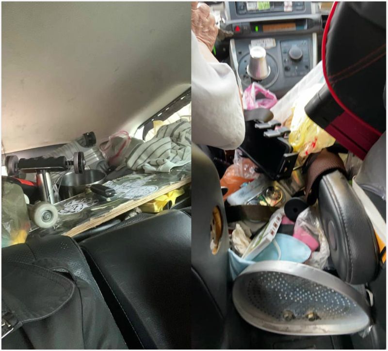 ▲原PO坐上一台計程車,卻發現前坐滿載著司機的個人物品,畫面曝光引發全場網友兩派論戰。(圖/翻攝自臉書《爆料公社二社》)