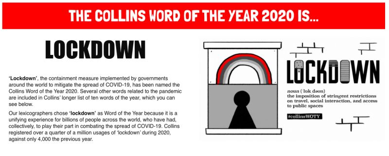 ▲英國柯林斯字典（Collins Dictionary）今天公布2020年度代表字，「封鎖」（lockdown）一字稱霸。（圖／翻攝自柯林斯字典）
