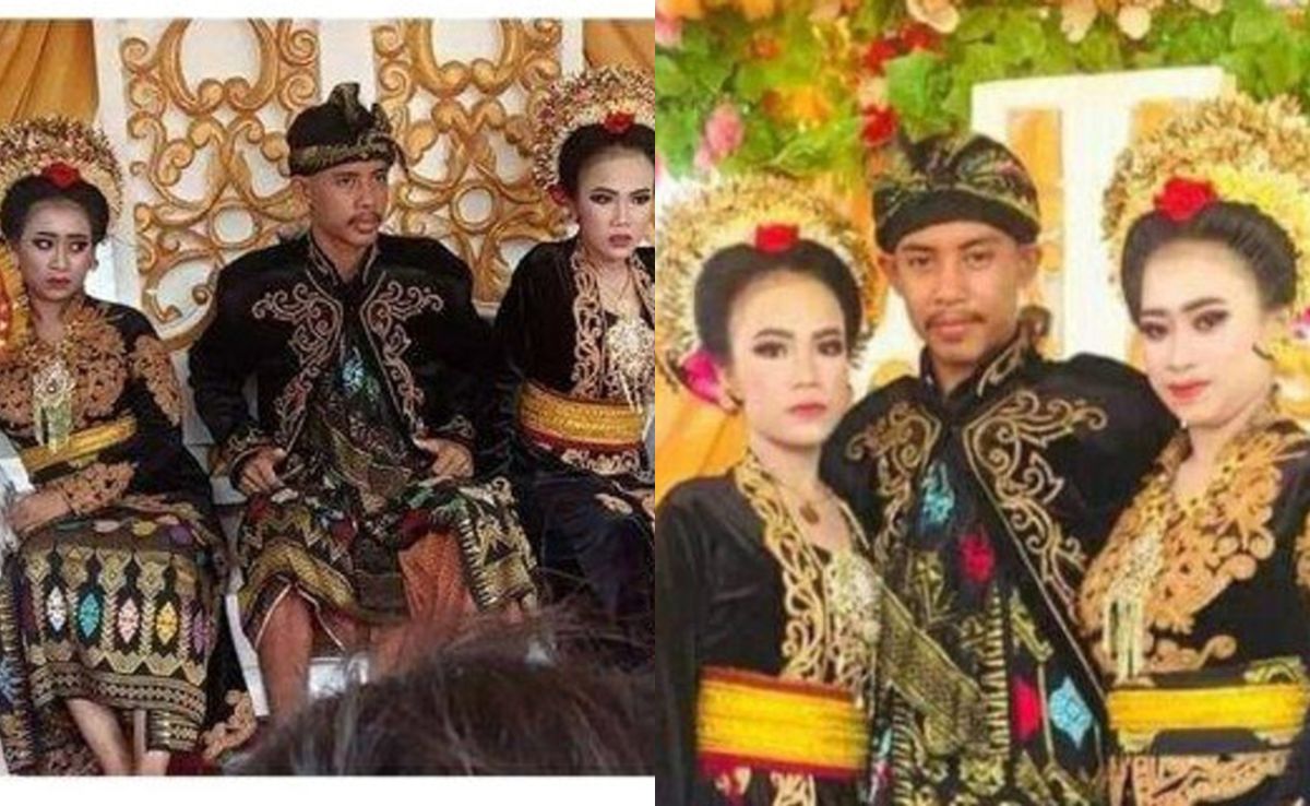 ▲印尼1名18歲高中生Ahmad Rizal在今年1個月內先後迎娶2名妻子，曬出一張「雙妻婚禮照」而引起社會爭相報導，畫面中兩名妻子表情都略為不悅，成畫面焦點。（圖／翻攝自推特）