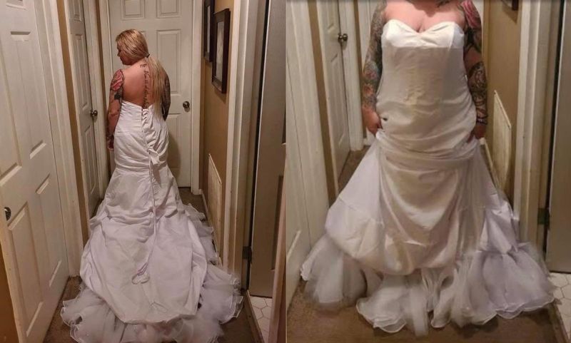 ▲一名準新娘，收到網路訂購的婚紗後，試穿卻發現實物就像一件「簡陋白被單」，忍不住客訴。（圖／翻攝Deux Aubrey臉書）