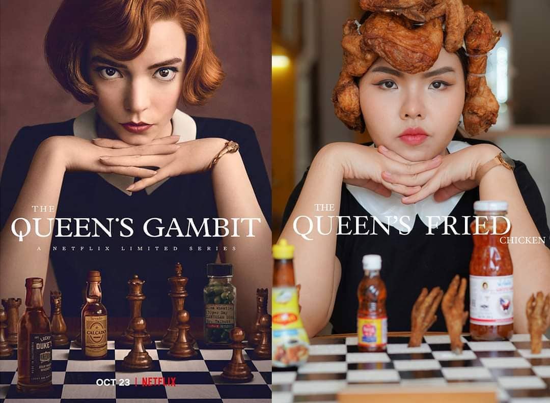 ▲一位以低成本扮裝在網路走紅的泰國網紅以「炸雞」惡搞模仿后翼棄兵女主的招牌髮型，讓網友笑瘋。（圖／翻攝自IG）