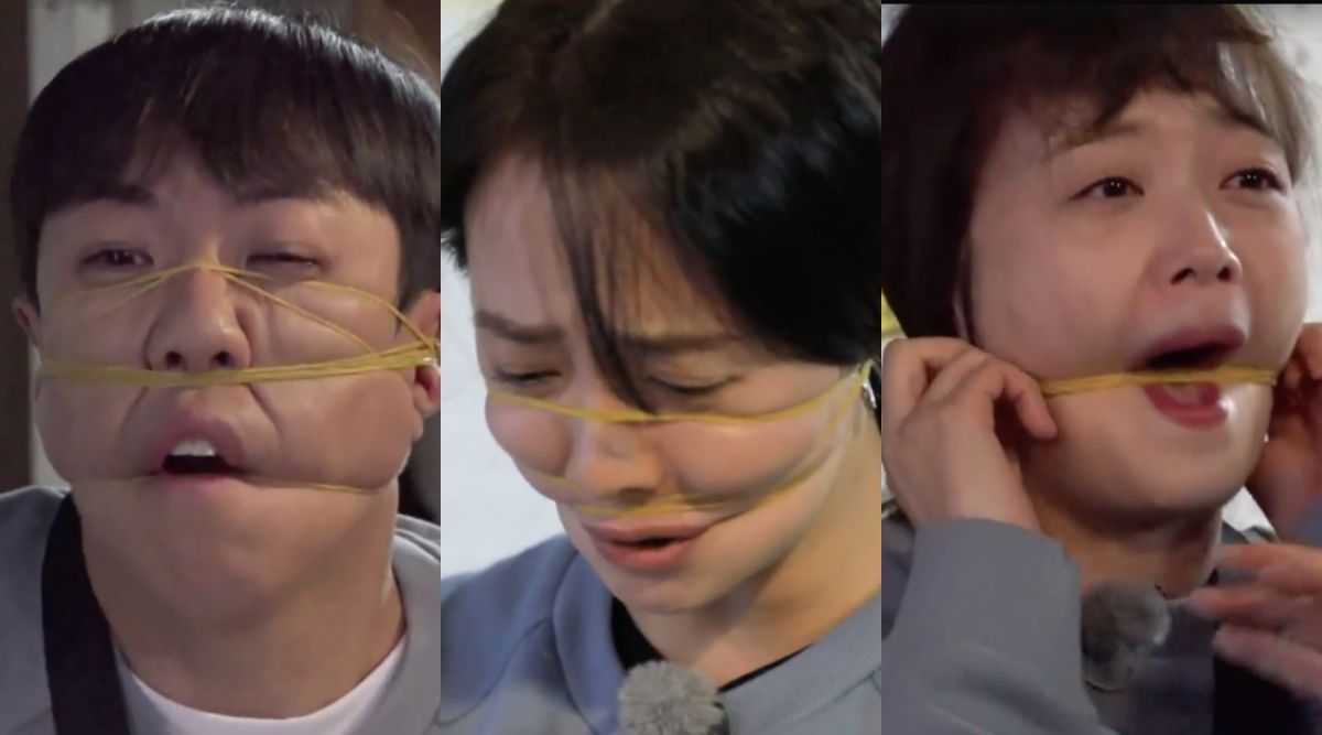 ▲梁世燦（左起）宋智孝、全昭旻為了過關，臉部套上30條以上的橡皮筋。（圖／翻攝愛奇藝）