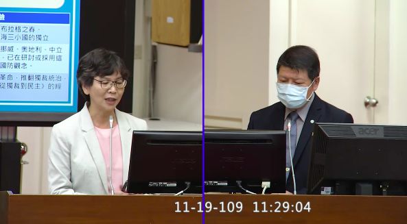 ▲民眾黨立委蔡壁如(左)質詢,詢問國防部副部長張哲平共機繞台應處措施。(圖/翻攝自立院議事轉播)