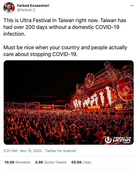 ▲外媒記者大讚台灣照常辦音樂節。圖/截自推特