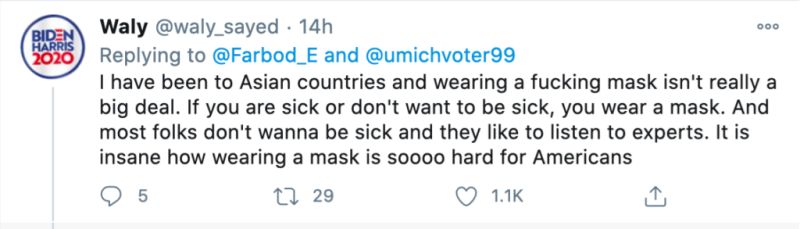 ▲另一位外國網友回應指出，東亞國家人民只要有不舒服或不想被傳染，戴口罩並不是一件大事。圖／擷取自推特