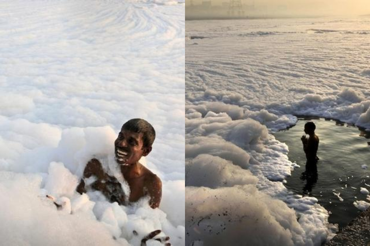 ▲位於印度南部城市孔拜陀市(Coimbatore)的諾亞爾河（Noyyal），是印度聖河「恆河」的支流，雖然佈滿工業泡沫，當地人仍前往祭拜或是沐浴。（圖／翻攝自推特）